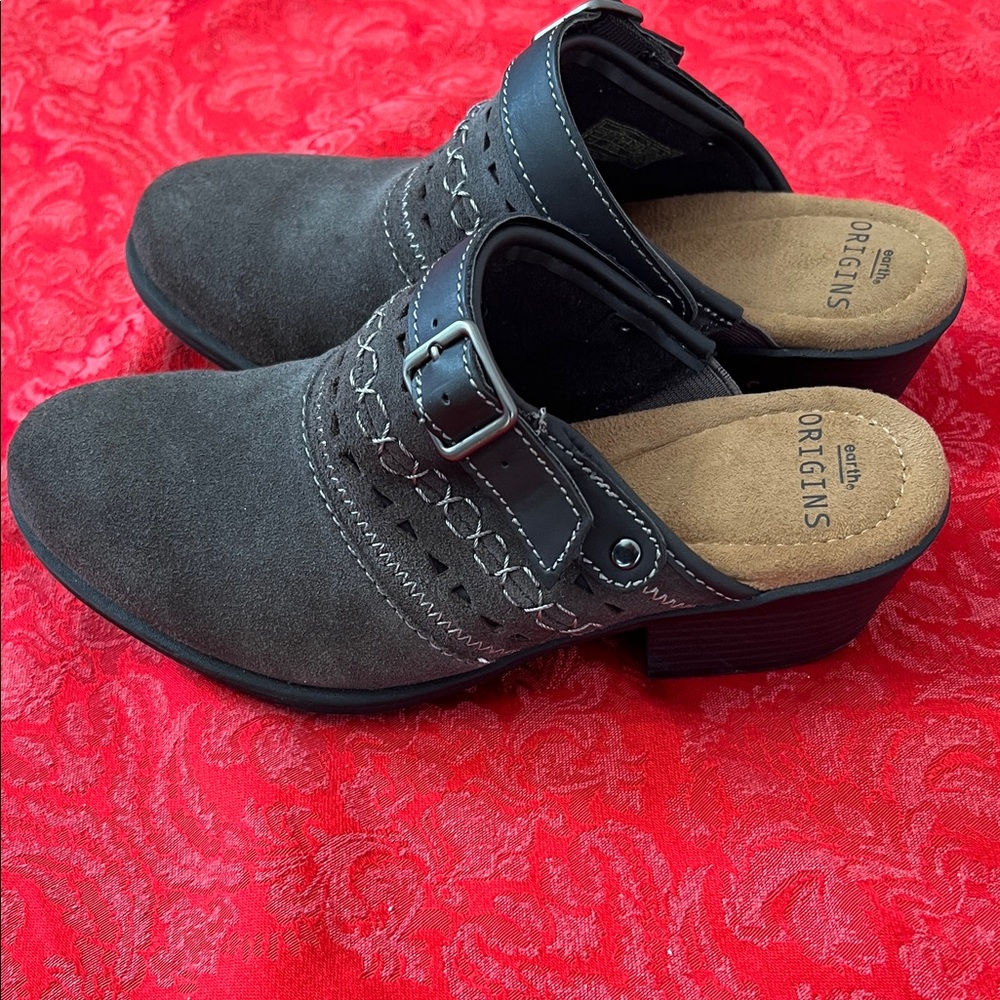 Earth Origins Cady Gray Suede Mule Clogs Buckle Comfort Shoes Women 5